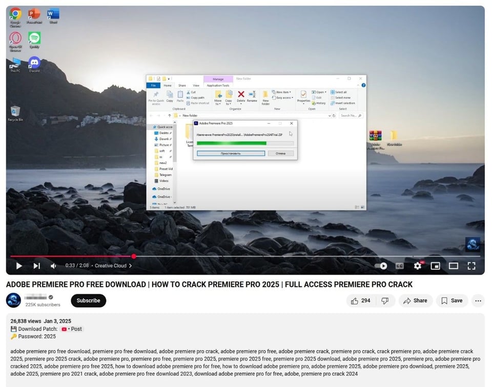 An example of a YouTube video whose aim is to distribute malware through an instructional video.