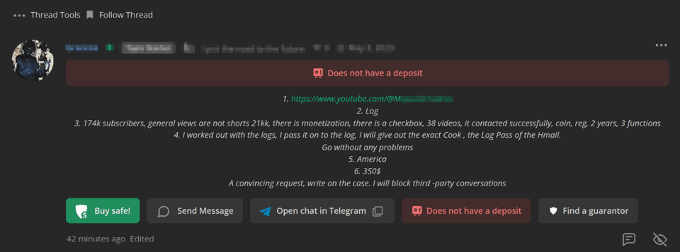Sale of a compromised YouTube account advertised on an underground forum.
