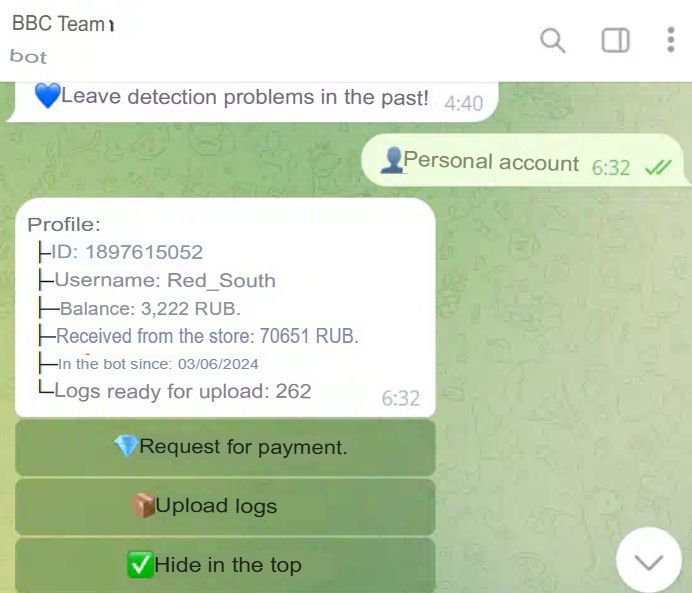The traffer operator "Red_South", who joined the team on March 06, 2024, had earned 70,651 rubles (around US$759 at that time) by April 21, 2024 (automatically translated from the original in Russian).