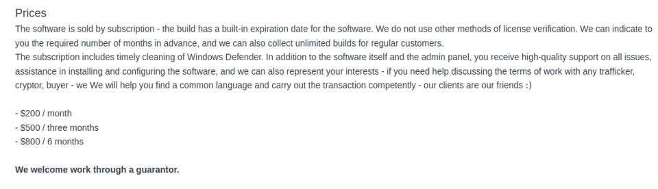StealC pricing scheme on Exploit.
