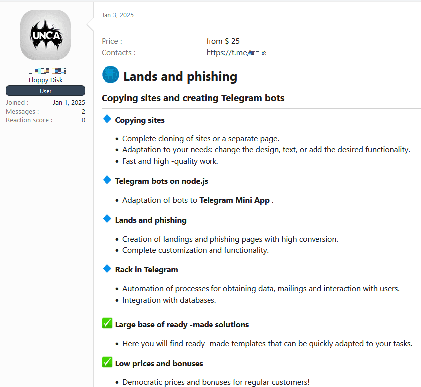 A new user offers an all-in-one phishing kit on the XSS forum.